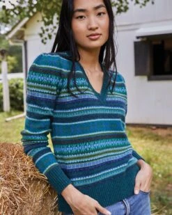 Giselle Fairisle Sweater In Cedar/Blue Multi Merino Wool -Herno Shop M HOLIDAY 23 CATALOG PDP 28