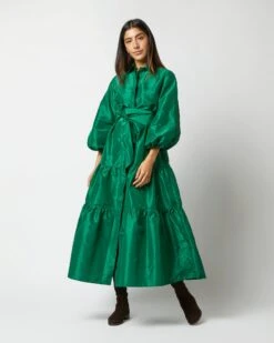 Isla Shirtdress In Green Silk Taffeta