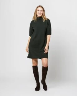 Rowan Short-Sleeved Funnel-Neck Dress In Bottle Green Merino Wool